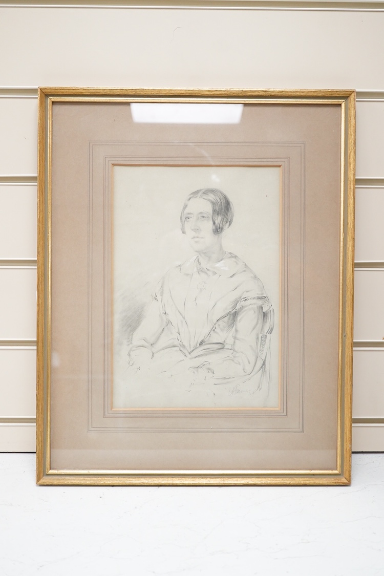 Mid 19th century, English School, Portrait of a lady, indistinctly signed and dated ‘45, pencil heightened with white, 28 x 18cm